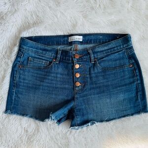 LOFT High Rise Frayed Cut Off Denim Shorts in Staple Mid Indigo Wash 27